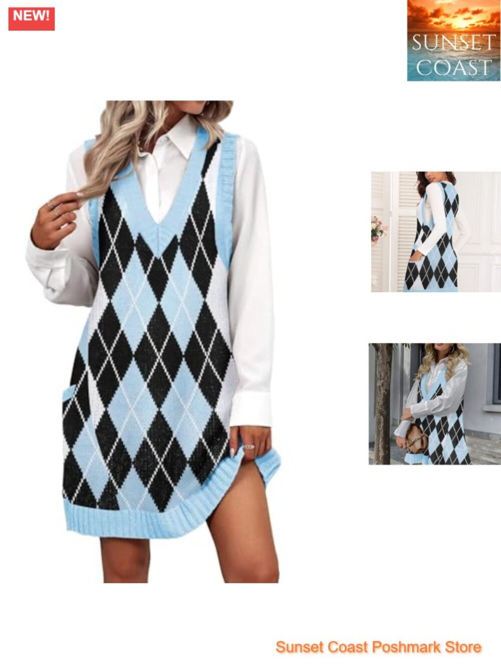 Sleeveless V Neck Knit Sweater Vest Dress with Pockets